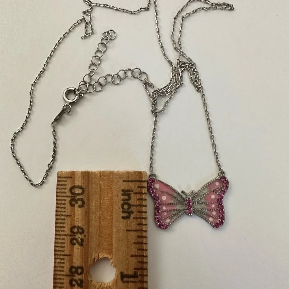 925 Silver butterfly necklace cz stones and pink white handmade enamel